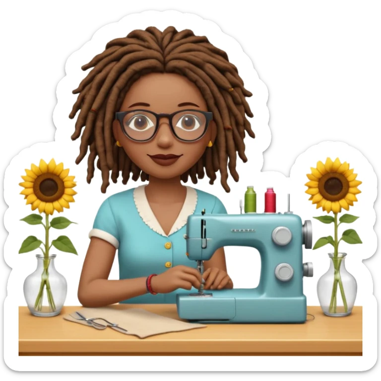 African American woman, flawless medium skin tone, glasses, rosey cheeks, full lips, natural chin length  brown dread locks, sitting at sewing machine, and a vase of sunflowers, slightly grinning as she sews, still life, 3D render, colorful highly detailed, 4k, no emoji icons, no emoji faces sticker
