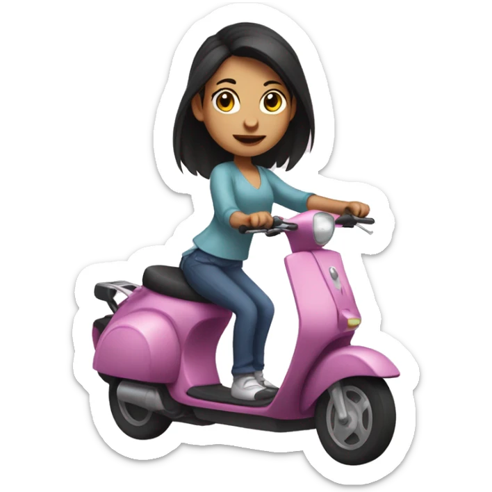 girl with dark hair in a pony tail, riding a scooter with a frying pan in her hand sticker