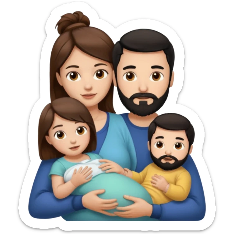 Una mujer con pelo castaño y ojos marrones y un hombre con pelo negro y barba y un solo bebe sticker