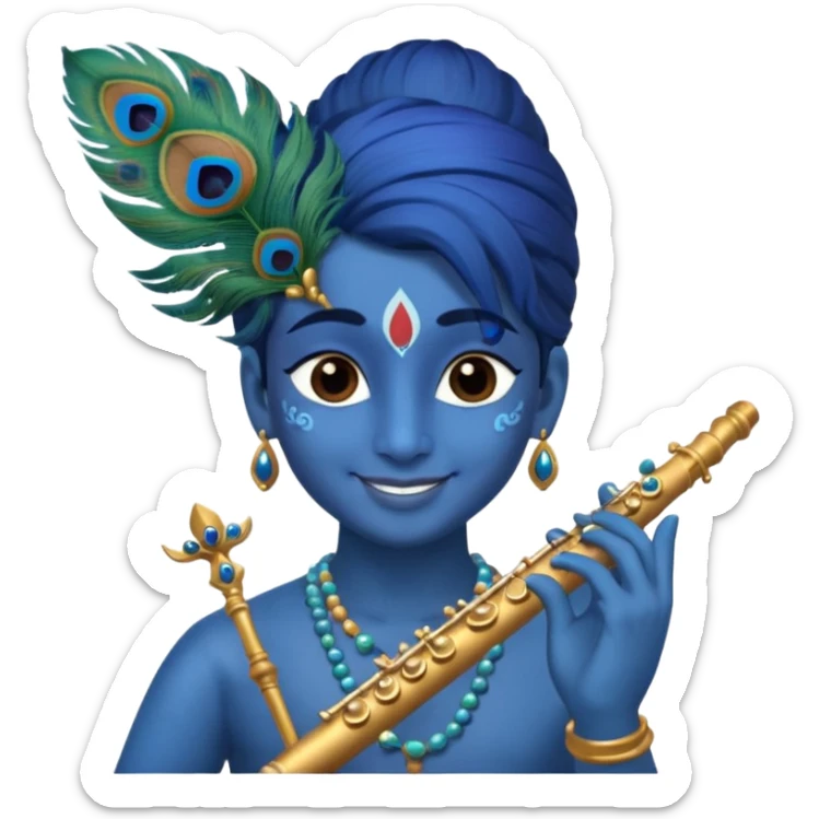 Krishna, adult, playing flute, blue skin, peacock feather in hair sticker