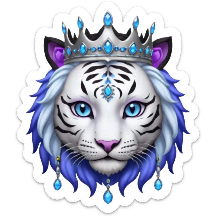 ESO Female white/black tiger khajiit leader of the umbral rose, glowing blue eyes, glowing blue 'third eye' gem, black beaded dreadlocks; silver crown/tiara with purple gems sticker