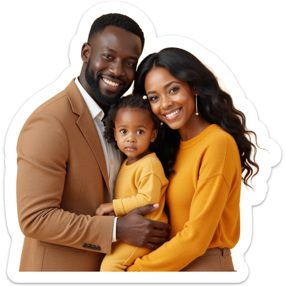 closeup shot of a diverse family (two adults and a child) with detailed, lifelike textures and a soft background in skeuomorphism style sticker