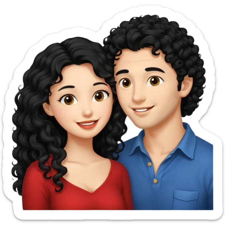 a handsome man with black curly hair tries to kiss a cute woman who has long black hair sticker