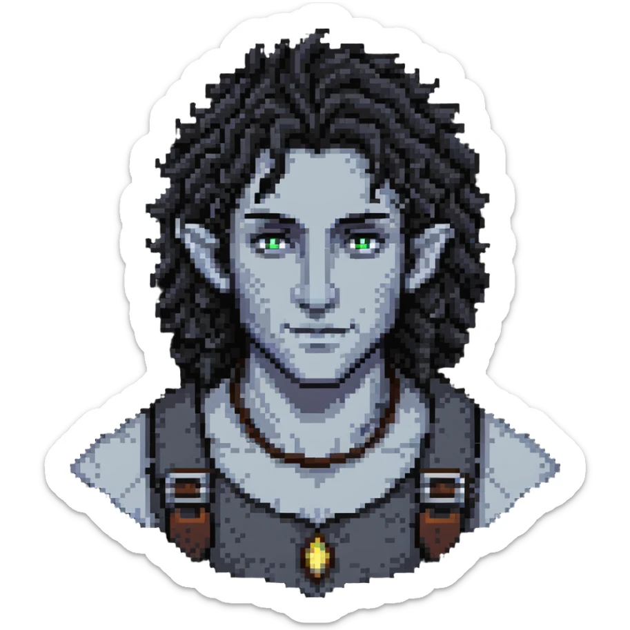 firbolg from DnD with gray skin, black curly hair, clean-shaven face, no beard sticker