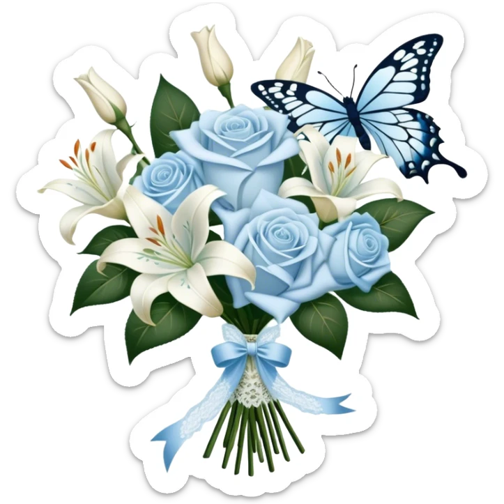 A classic bouquet of pale blue roses, delicate white lilies, and trailing jasmine, tied together with an embroidered ivory ribbon. A butterfly with lace-like wings hovers nearby, casting a soft, intricate shadow over the bouquet. sticker