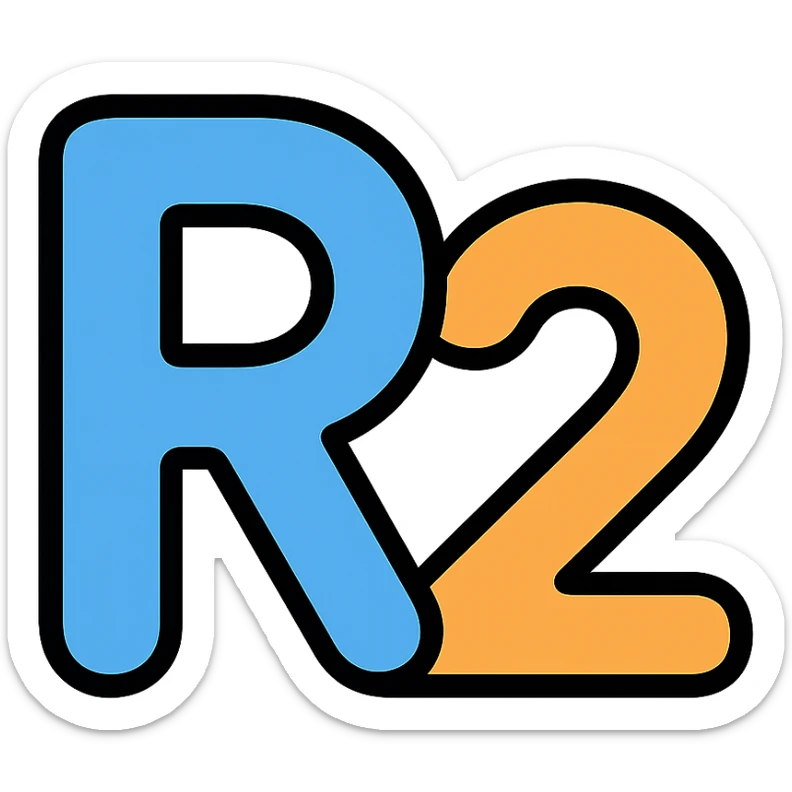 capital letter R and number 2 together, playful and rounded, suitable for an icon or logo sticker