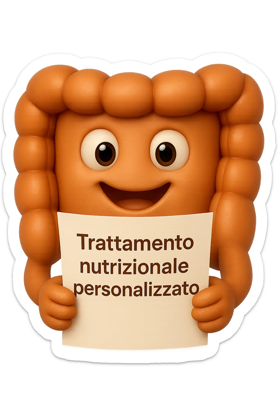 emoji stile iphone di un intestino felice che legge un foglio con la scritta "trattamento nutrizionale personalizzato", non fargli il naso, iperrealistico 4k sticker