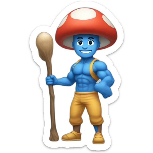 Strong muscles Blue human NO ears wearing a mushroom cap carrying a stick in one arm standing on two legs sticker