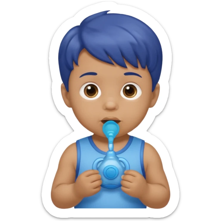 A boy baby with light brown skin, short wavy light-brown hair, wide brown eyes, and a blue pacifier.  sticker