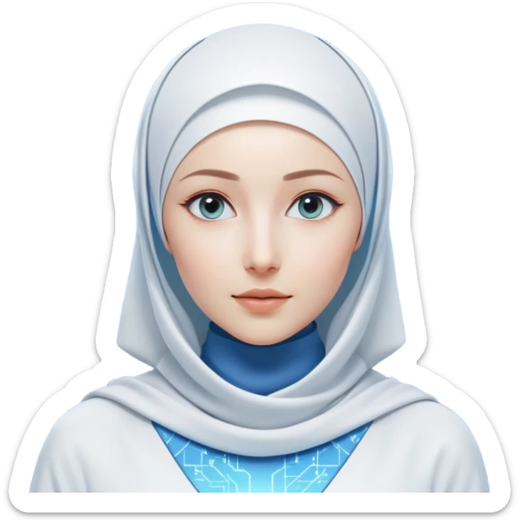 woman with white hijab wearing blue outfit, looking straight ahead, surrounded by futuristic screens showing advanced holographic interfaces, AI visualizations, quantum data patterns, circuit networks, high-tech metaverse elements sticker