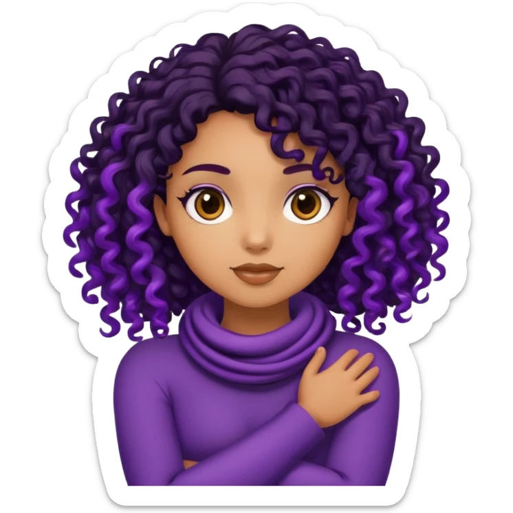 a Carmel girl with arms around neck with black curly hair but purple front stands curly hair sticker