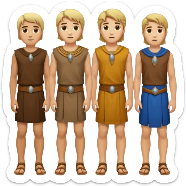 Cartagineses: un grupo de hombres jóvenes, pelo largo rubio y castaño, ropa buena, cara de niños de alrededor de unos 20/25 años.
cuerpo entero, de la época púnica sticker