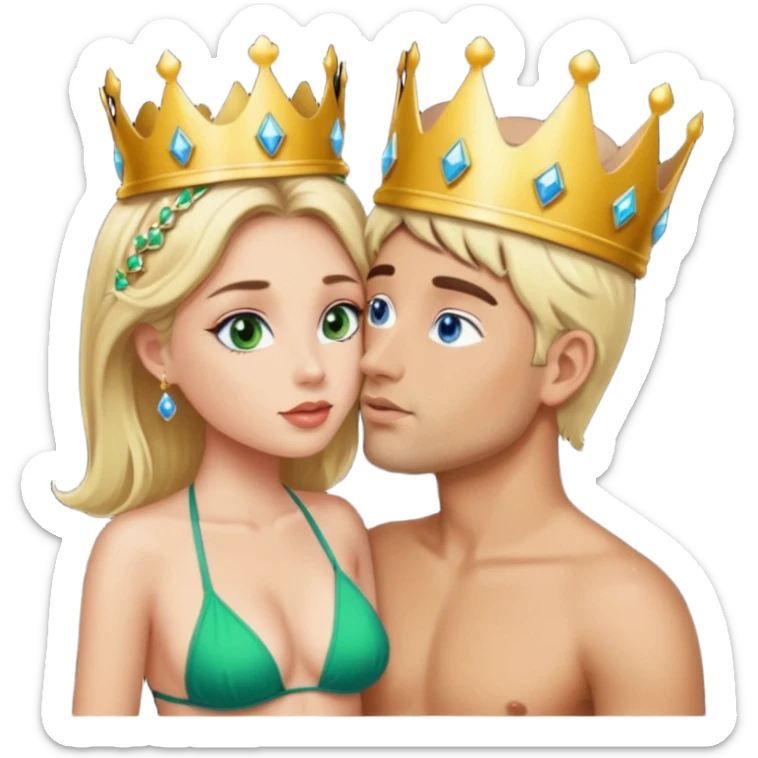 Blonde Queen Green eyes with crown in Bikini kissing Male subject dark Hair blue eyes sticker