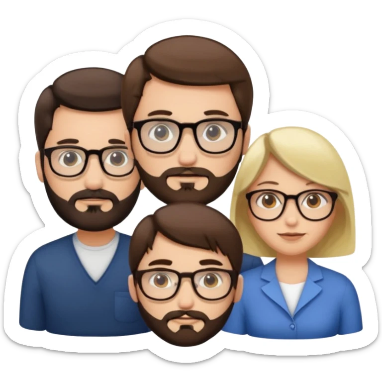 Four people including a man with hair and glasses, a man with a beard and no glasses, a woman with long brown hair and no glasses and a woman with a blonde bob and no glasses sticker