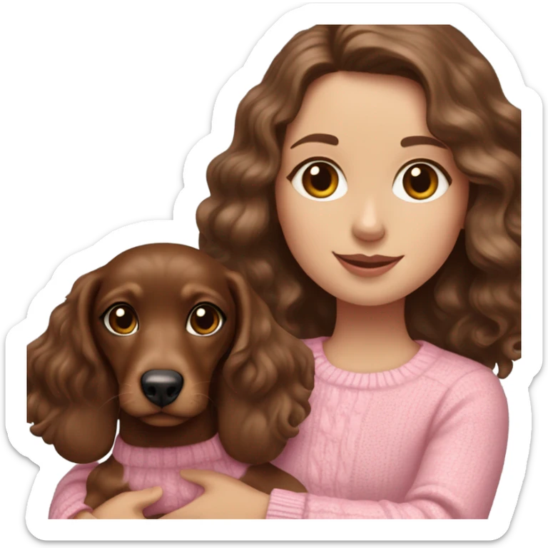 Brunette white girl with wavy hair in a pink sweater holds a dachshund chocolate and cream long haired puppy in her arms sticker