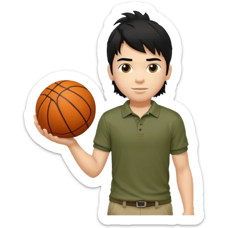 generate a pretty fair bratz boy with a long messy mullet (black hair), carrying a basketball in one hand. Smirking .  Wearing an olive polo shirt. Lean but biceps sticker