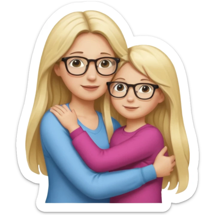 je voudrai un emoji d'une maman blonde avec des lunettes et de sa fille aux cheveux longs et blonds avec des lunettes qui fond un calin, les 2 ont les cheveux longs sticker