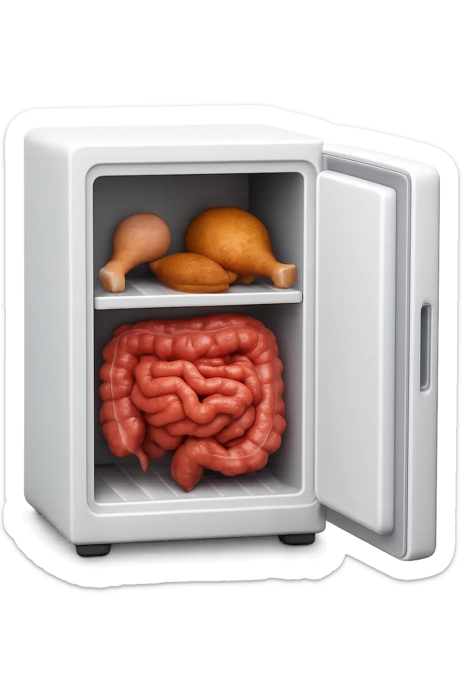 emoji stile iphone DI UN CONGELATORE CON INTESTINO realistico DENTRO INSIEME A PORZIONI DI POLLO E TACCHINO, iperrealistico 4k sticker