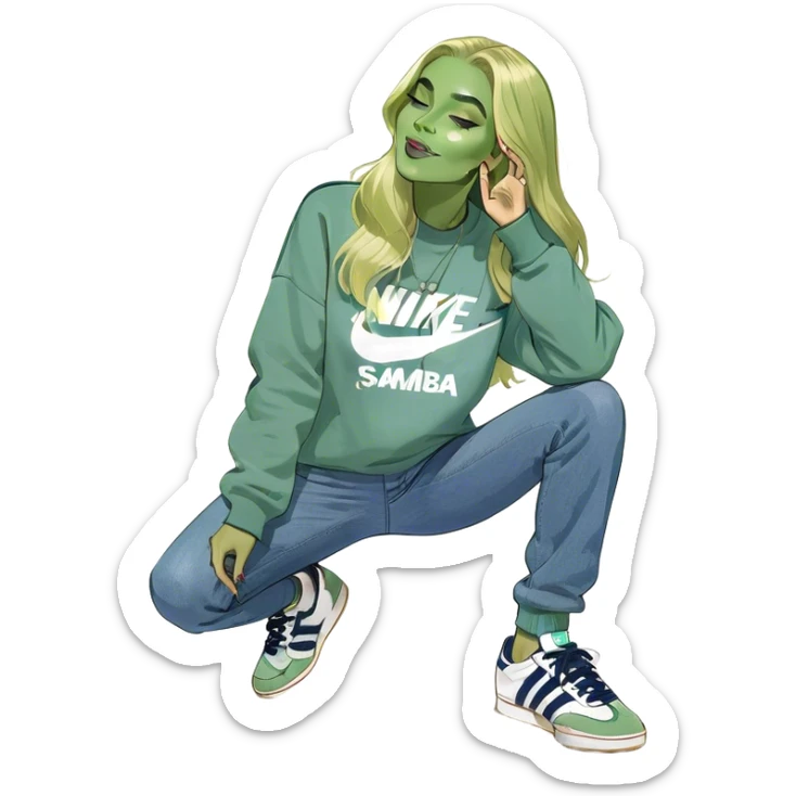 Girl long bright blonde hair parted in middle wearing light blue denim straight leg jeans and a Nike navy sweatshirt with adidas og samba shoes standing in a cozy living room blowing a kiss sticker