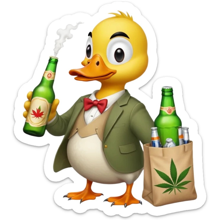 Drunk and high duck animal holding wĺeed bottle and a bag of weed. Looking really drunk sticker