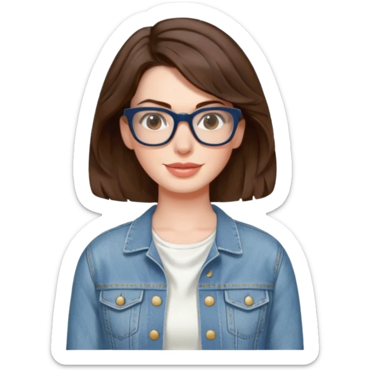 Anne Hathaway in glasses with short wavy hair and scoop neck white dress and denim jacket sticker