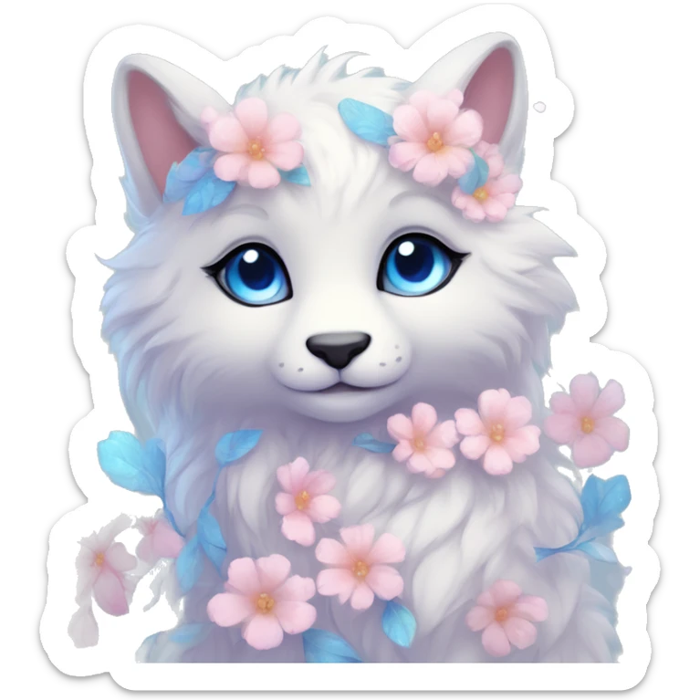 Anthro Cute Cool Blushing Pastel Innocent Shy Kawaii gorgeous sparkly ethereal fantasy animal creature with blue eyes furry sona with flowers and ribbons beautiful aesthetic sticker