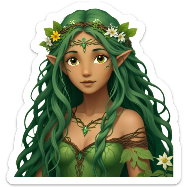 Cinematic Realistic Forest Fairy Portrait, depicted with lifelike, sun-kissed tanned skin that radiates an earthy glow, softly illuminated by natural, dappled light. Her long, flowing dark green hair is intricately detailed and interwoven with delicate vines and wildflowers, while her deep, soulful eyes mirror the wisdom of the forest. Dressed in an attire inspired by nature’s palette—with subtle botanical motifs—the portrait exudes a soft, enchanted glow that melds realism with woodland magic showing her large butterfly wings from her back. sticker