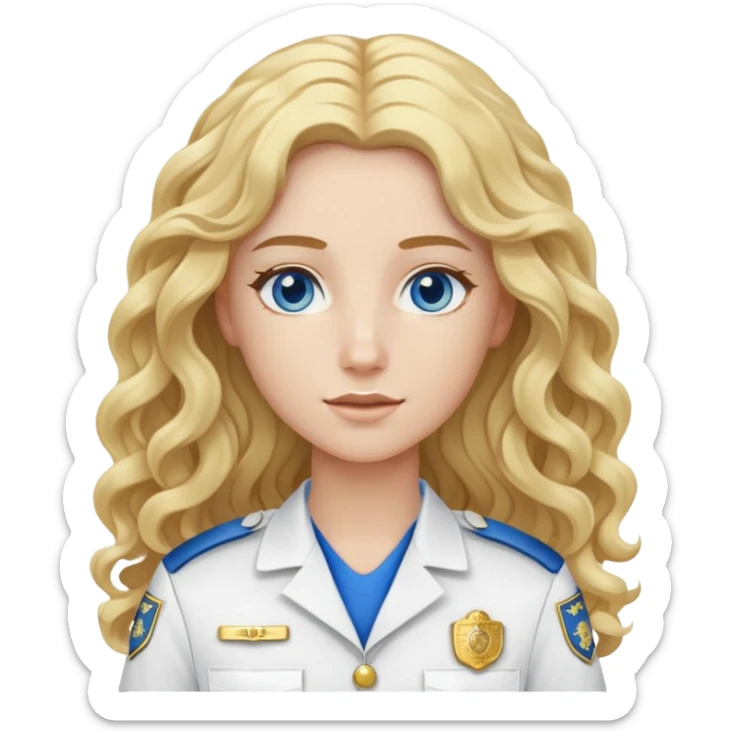 EMS personnel with long curly blonde hair and blue eyes wearing white and gold uniform sticker