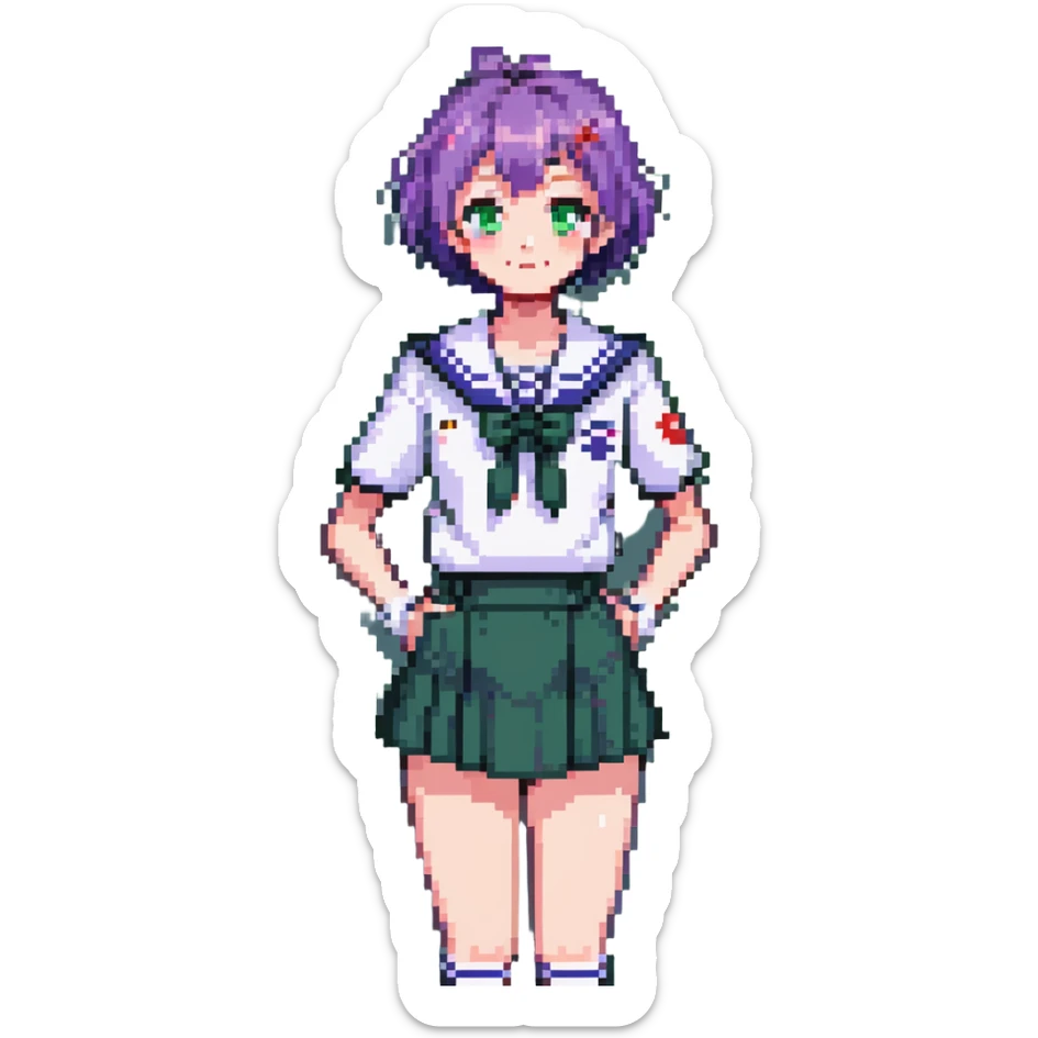 Pixel art anime girl with short bright purple hair wearing Japanese sailor style school uniform, trying to look confident with hand on hip but nervously waving with a shy blush and timid smile sticker
