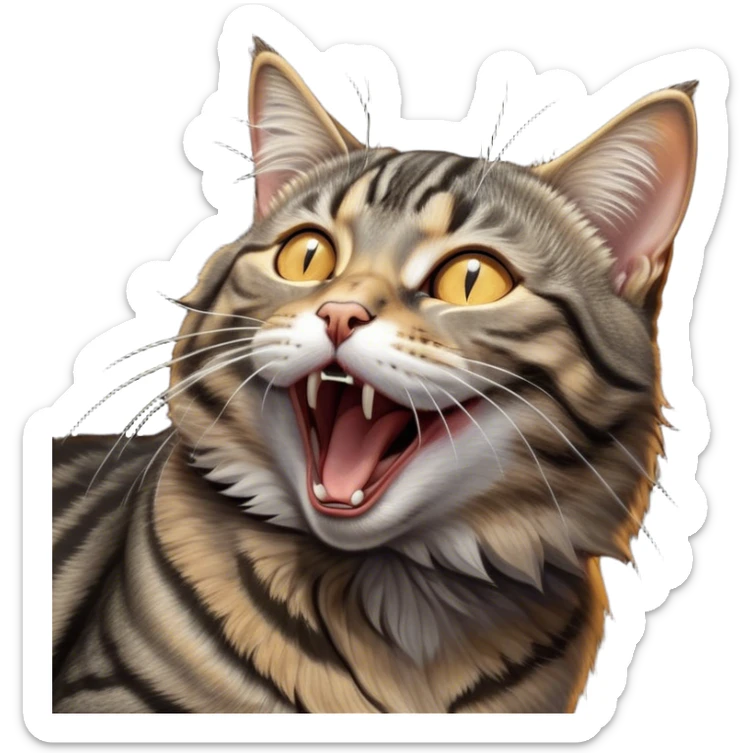 Cinematic Cute Yawning Grey and Black Brown Tabby Cat Portrait Emoji, Head tilted slightly with a dramatic, wide-open yawn, sleek grey-brown fur with dark black tabby stripes, sparkling amber eyes barely open, Simplified yet irresistibly adorable features, highly detailed, glowing with a soft, cozy glow, high shine, relaxed yet expressive, stylized with a touch of whimsy, bright and endearing, soft glowing outline, capturing the essence of a sleepy yet affectionate kitty, so drowsy it feels like it could stretch right out of the screen and curl up for a nap! sticker