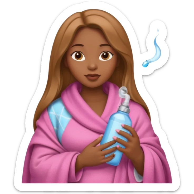 Curvy, light brown long hair, pretty black girl light pink lipgloss wrapped in blanket holding a brown cigarette and water bottle  sticker