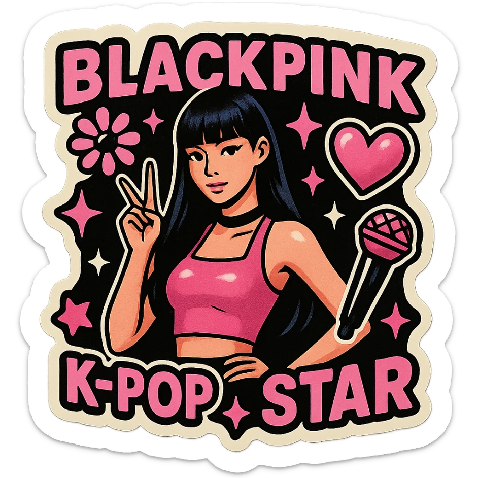 retro sticker style album cover inspired by BLACKPINK, featuring bold black and pink colors, playful graphics, bold outlines, and a K-pop pop star vibe sticker