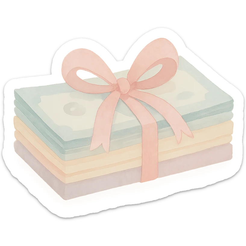 a stack of money in pastel colors, tied with a pastel pink bow, soft and cute sticker