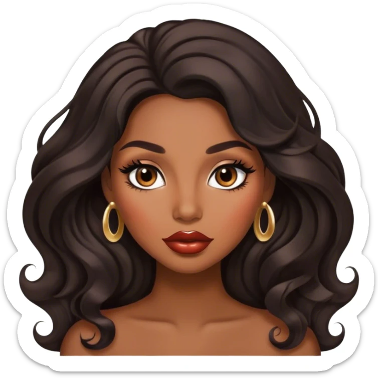 Glamourous, brown skin tone, very beautiful woman, with big plump lips, long long lashes, black wavy long hair, brown eyes sticker