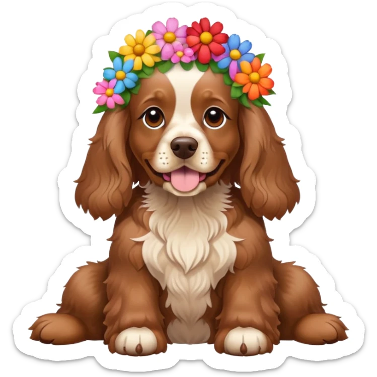 Full body shot of a brown cocker spaniel sitting happily with lots of flowers on his head sticker
