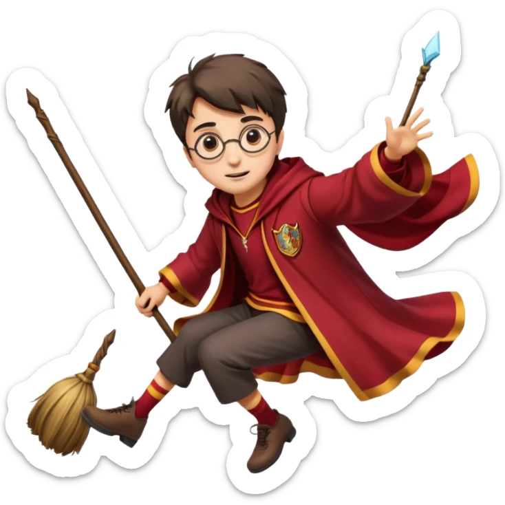 Cartoon-style illustration of Harry Potter flying on a broomstick, Gryffindor red and gold outfit, expressive face, dynamic motion, magical vibe, smooth shading, vibrant colors, no background, transparent background, isolated character. sticker