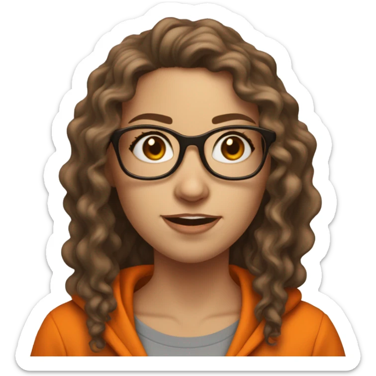 Standing up White woman with brown long curly hair with mischievous look and orange hoodie on. Wearing glasses but one side  has a dark lense and one side  is missing a lense  sticker