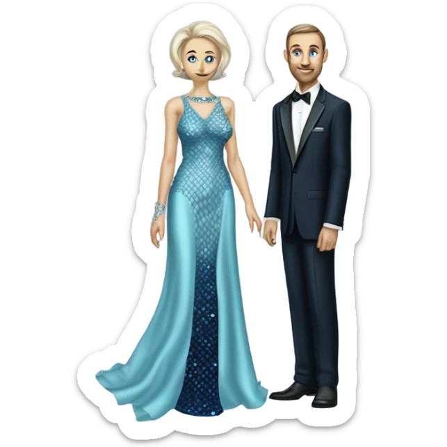 reptilian alien woman, in long slim pastel blue formal party satin dress with gradient shiny sparkling navy blue diamonds embroidered , and caucasian man in black dress sticker