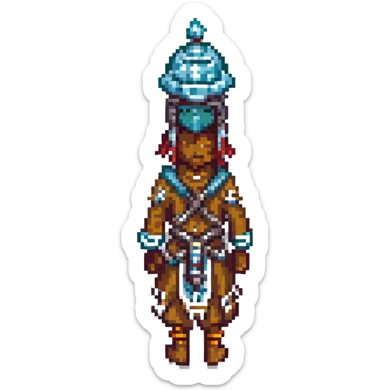 tribal colonist from RimWorld, pixel art style sticker