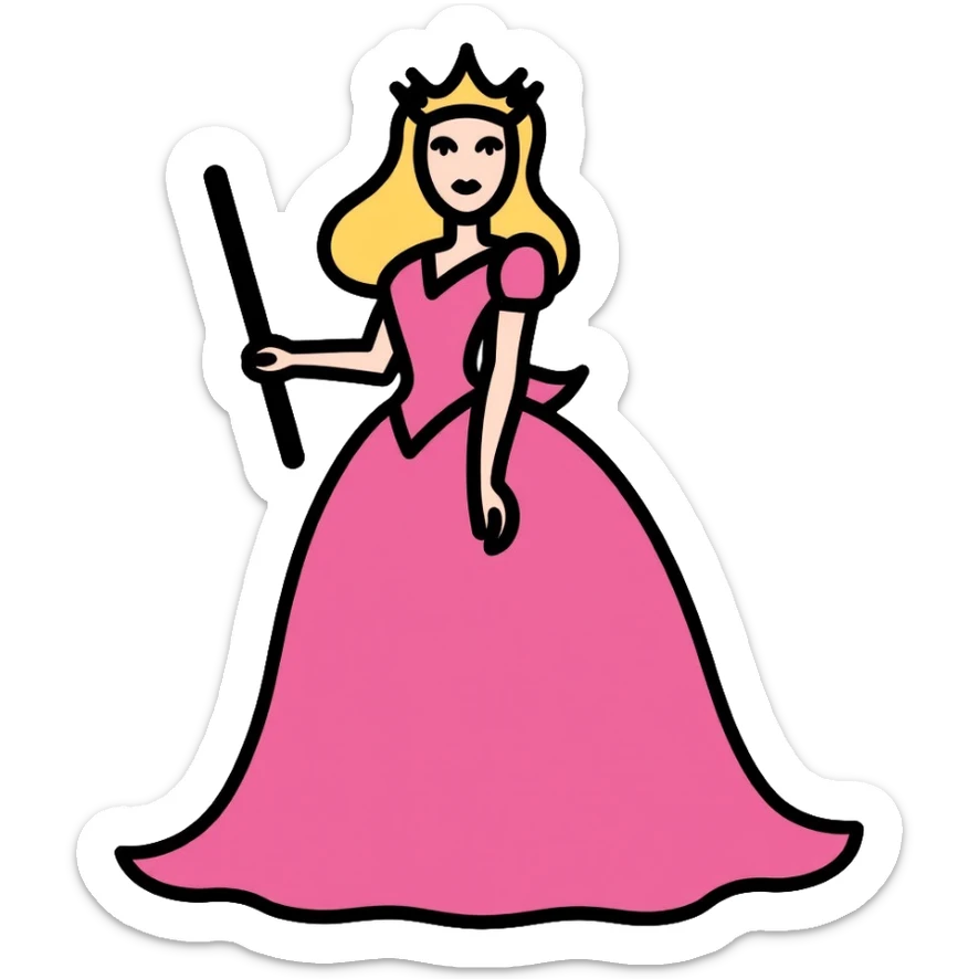 Glinda from Wicked musical, blonde witch with tiara, pink dress and magic wand sticker