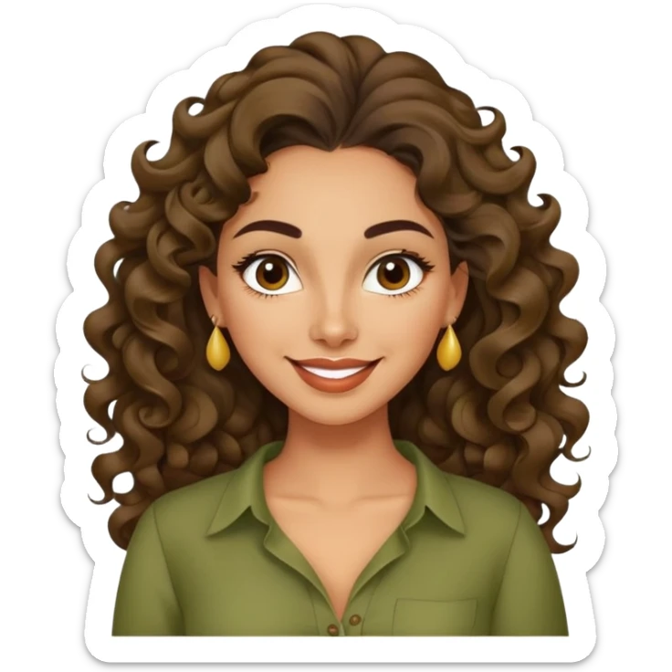 Mujer latina piel canela, cara en forma de pera, cejas definidas, pelo muy largo rizado, peinado hacia atrás con bucles sueltos al frente. Sonrisa amplia, expresión alegre. Blusa verde olivo sticker
