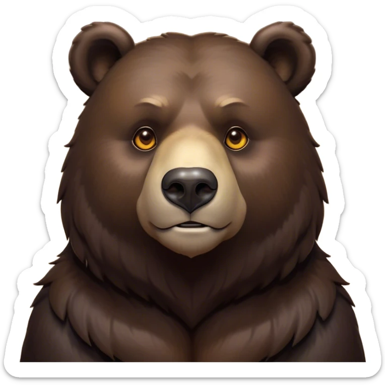 Cinematic Noble Bear Portrait Emoji, Poised and regal, with a large, imposing build and a thick, well-groomed rich dark brown fur, deep-set soulful eyes, Simplified yet sharp and sophisticated features, highly detailed, glowing with a soft, dignified glow, high shine, intelligent and formidable, stylized with an air of wild majesty, focused and attentive, soft glowing outline, capturing the essence of a watchful and commanding guardian, so majestic it feels as though it could lumber out of the screen with effortless authority! sticker