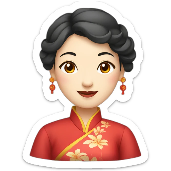 Chinese middle aged lady wear Chinese traditional dresses with a sign of agreeable gesture sticker