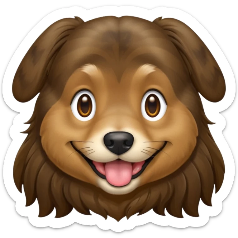 dog face with a long-haired brown and black brindle coat and light brownish gold eyes smiling with tongue hanging slightly out. sticker