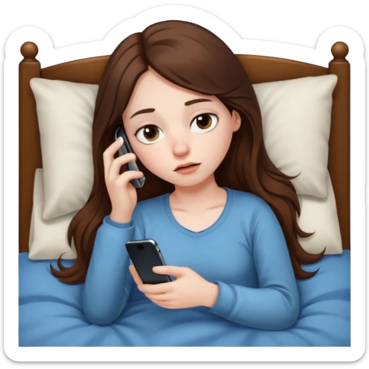 A girl lying in bed, staying up late playing on her phone. She looks exhausted, with dark circles under her eyes and appears very tired sticker