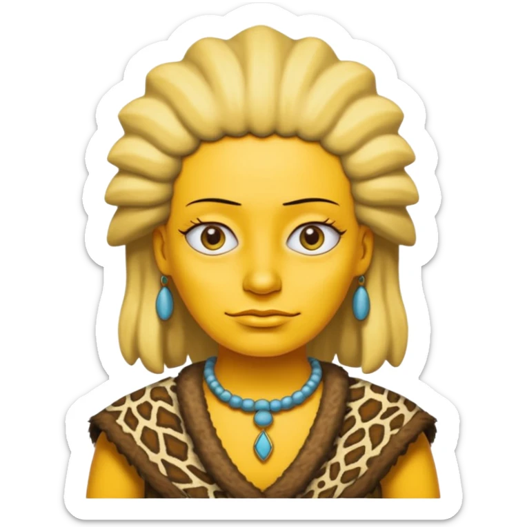 a simpson woman wearing ancient animal skin cloth, half body, icon, yellow skin sticker