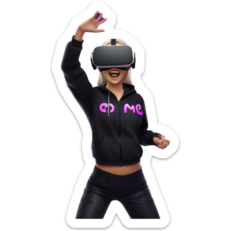 Russian girl wearing black hoody with violet letters "OMG", in vr headset oculus quest2. Dancing. Cyberpunk style. Violet neon. sticker