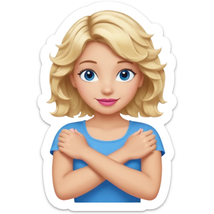 Girl Blonde short wavy hair,  blue eyes, cute blue top, long lashes, pink lips, smiling, making cross arms with arms  sticker