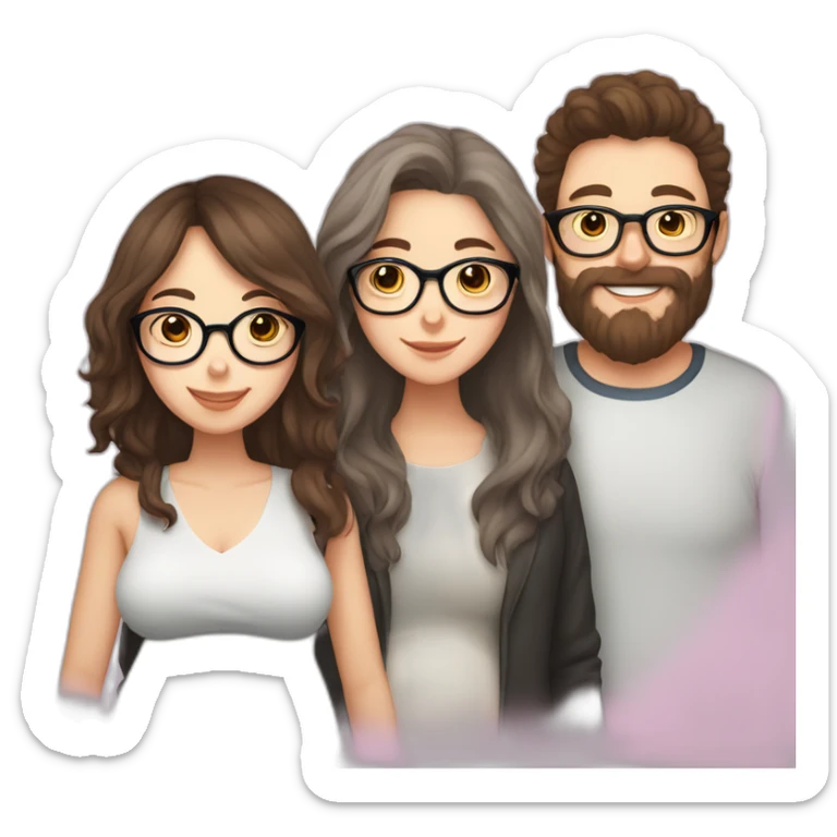 Pregnant girl with half long brown hair with glasses, a boy with long beard, glasses and short hair and english sheepdog sticker