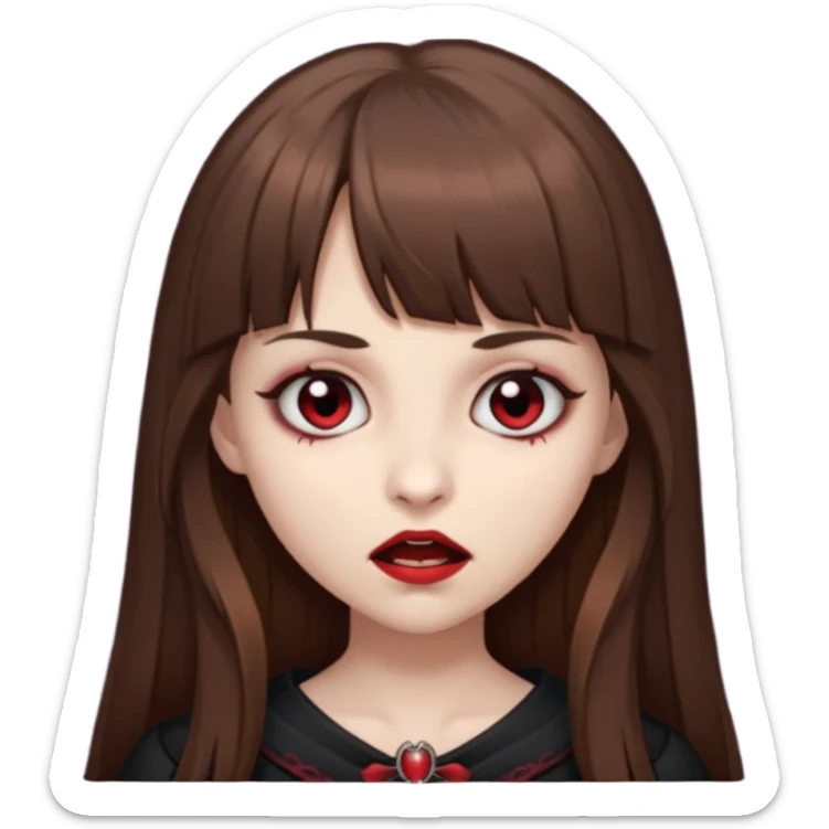 eu quero uma menina de franja e cabelo comprido cabelo castanho parecendo uma vampira com a boca fechada sticker